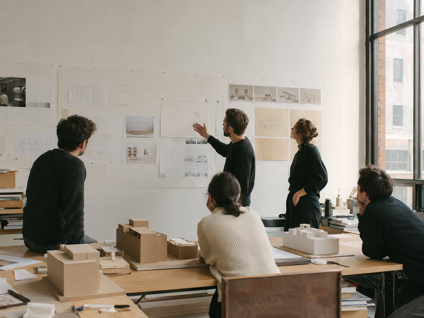 L’équipe de l’agence en réunion de critique autour de maquettes d’étude