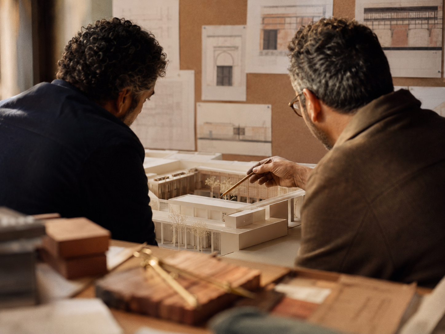 Architectes autour d’une maquette et de plans dans l’atelier de l’agence à Casablanca